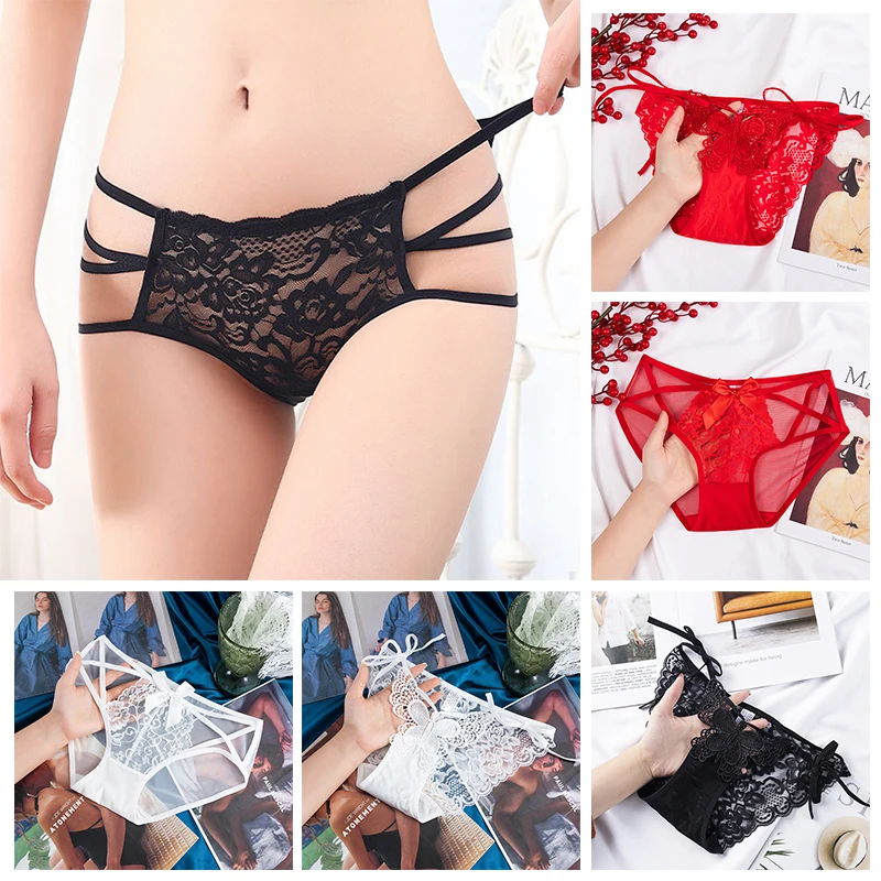 

Sexy Women's Panties Lace Transparent Flower Bow Thin Belt Lingerie Briefs Black White Red Low Waist Seamless Panties Underpants