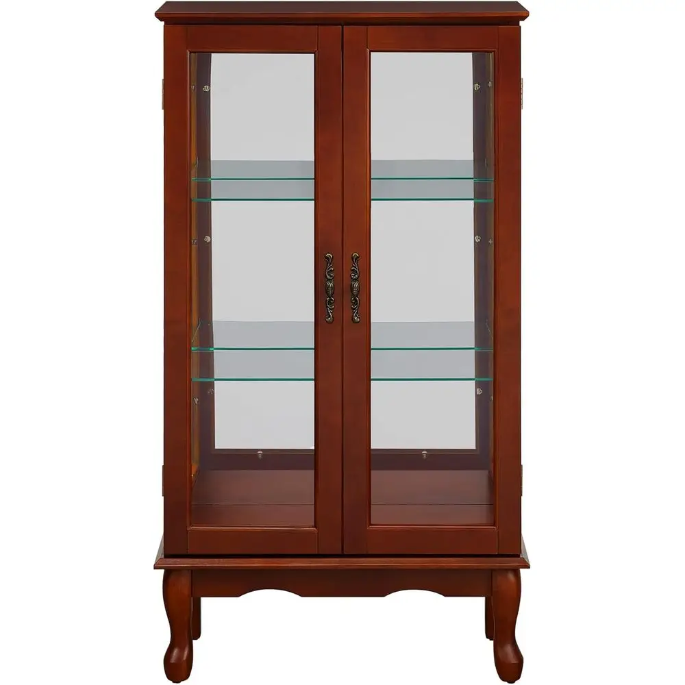 Illuminated Cherry Wood Floor Standing Glass Curio Cabinet with Adjustable Shelves, Mirrored Back, and Tempered Glass Door - view 4