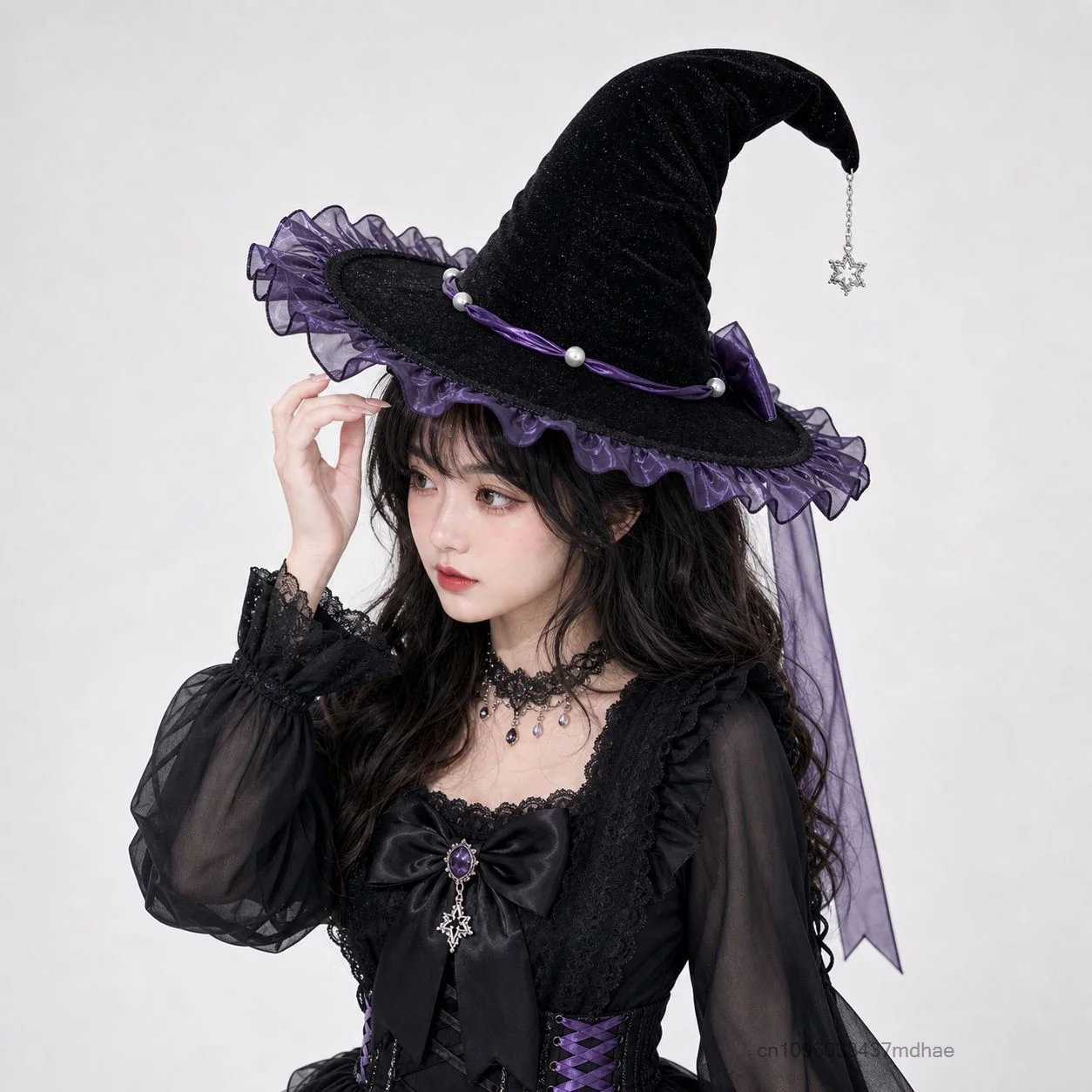 Women Gothic Witch Hat Black Pointed Wizard Cap Purple Lace Trim Star Pendant Halloween Party Cosplay Lolita Costume Props 2