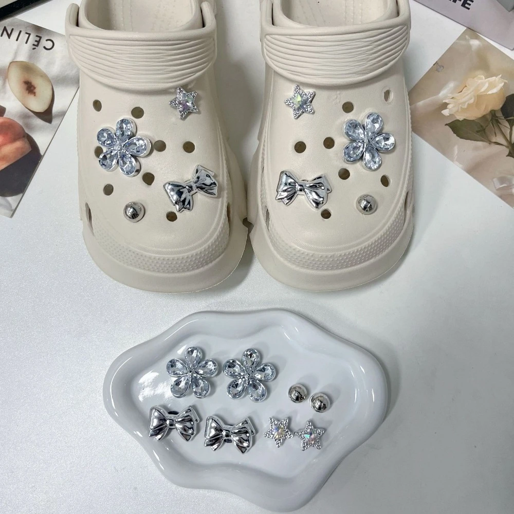 8pcs Silver Flower Shoes Charm Star Shoes Accessories for Girls Hole Shoes DIY