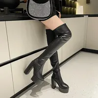 New Sexy Over The Knee Boots Round Toe 14cm Chunky High Heel Women's Shoes Long Boots Black Platform Round Toe Thigh High Botas