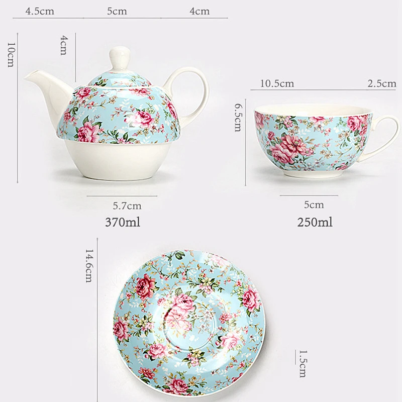 Floral Ceramic Teapot Set with Cup and Saucer, 370ml Tea Pot & 250ml Cup Set, Coffee Cup Dessert Plate