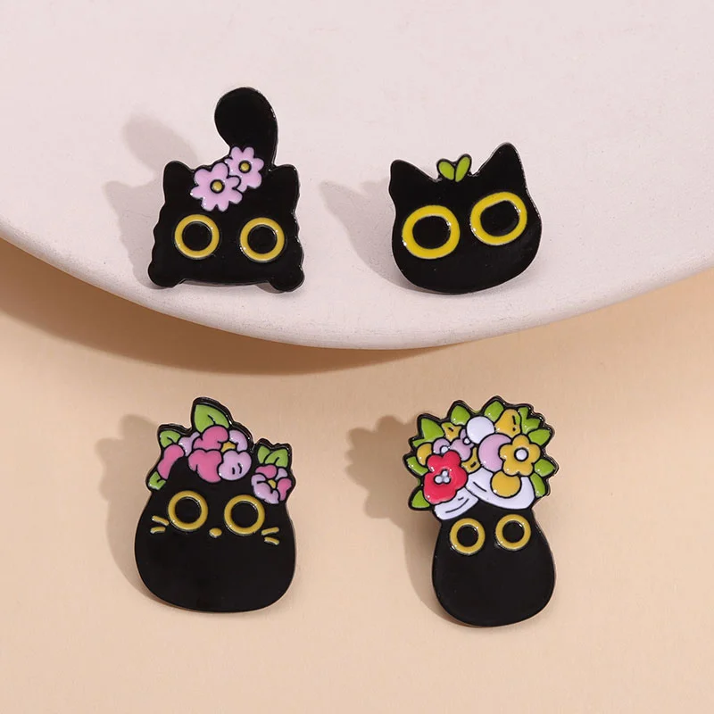 Custom Cute Kawaii Enamel Pins Metal Animal Cat with Flower Decorative Badges Lapel Backpack Accessories Jewelry Gifts Wholesale