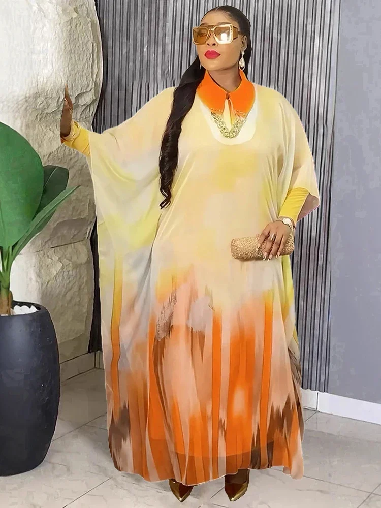 

Women's African Dashiki Print Chiffon Two Piece Long Dress Dubai Turkey Kaftan Abayas for Party Evening Gown