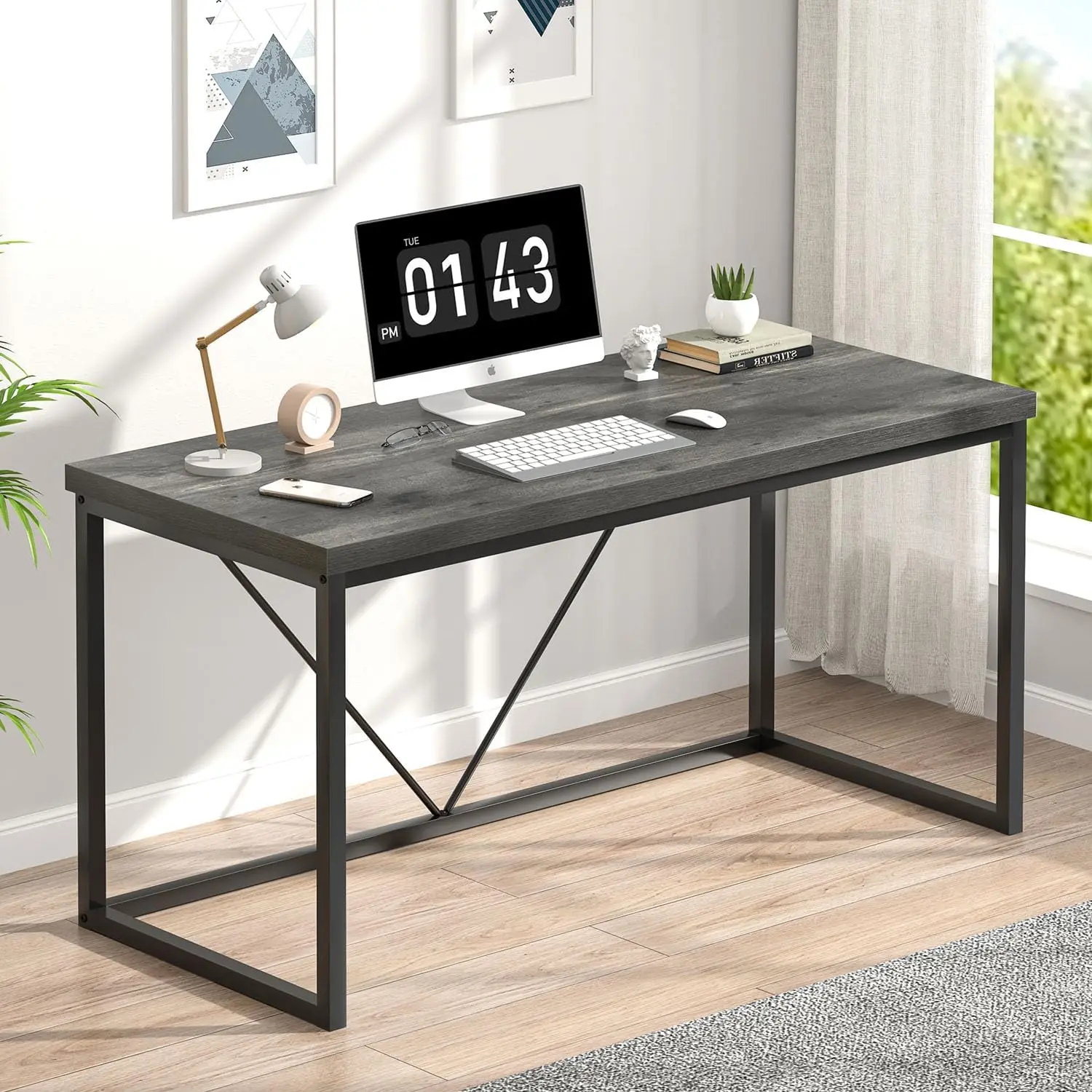 

Modern Home Office Desk, Wood and Metal Computer Desk, Industrial Writing Study Gaming Table for Living Room Bedroom,Rustic Grey
