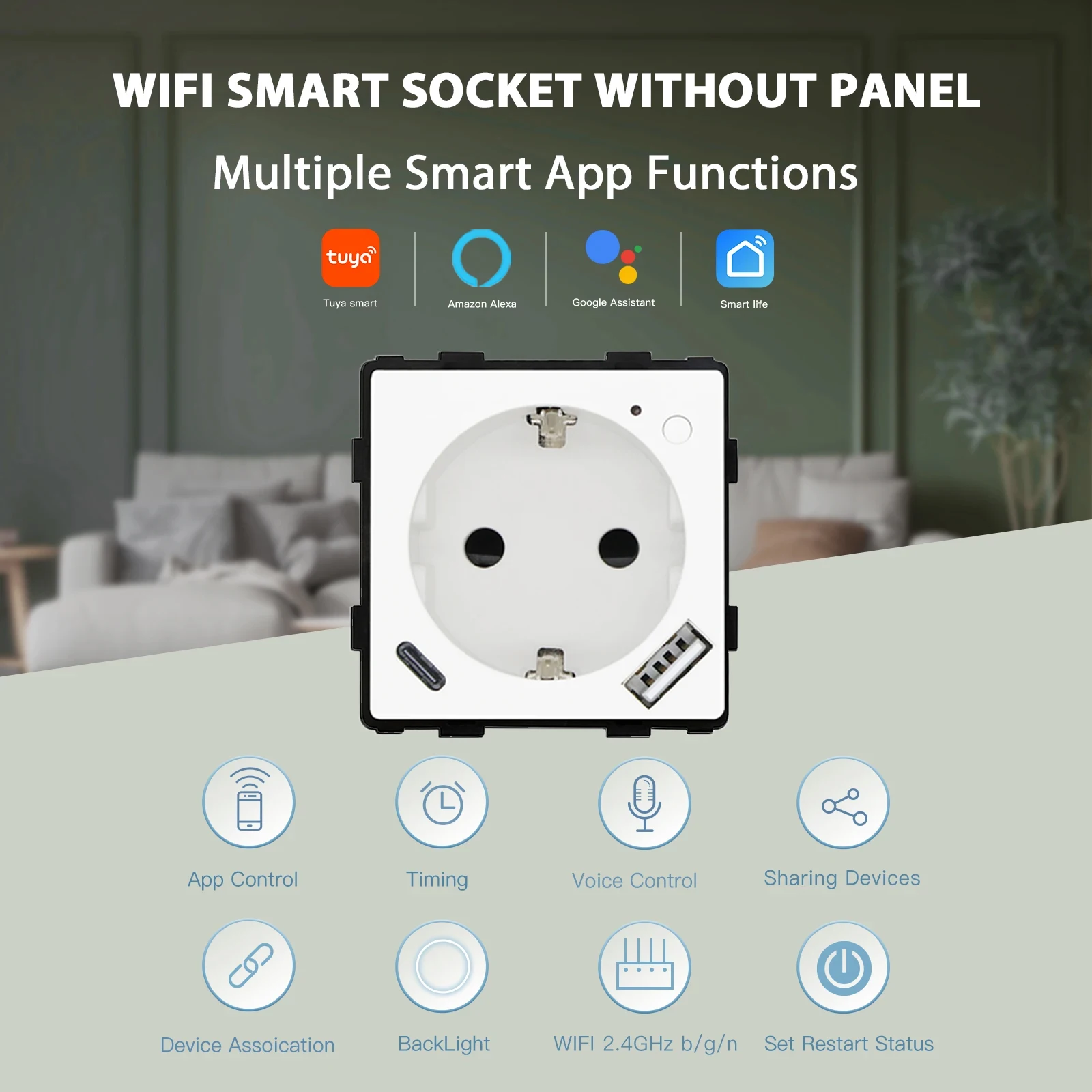 BSEED Wifi Smart Plug Type-c USB Wall EU Socket Insert Function Part Tuya Smart Life Alice Voice Control 20W AC Without Frame