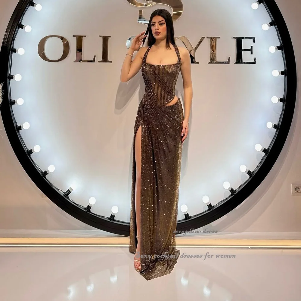 

Shiny Lace Evening Dresses For Women Halter Side Slit Beaded Party Dress Cut Out Sexy Cocktail Prom Gown Customized Long Gowns