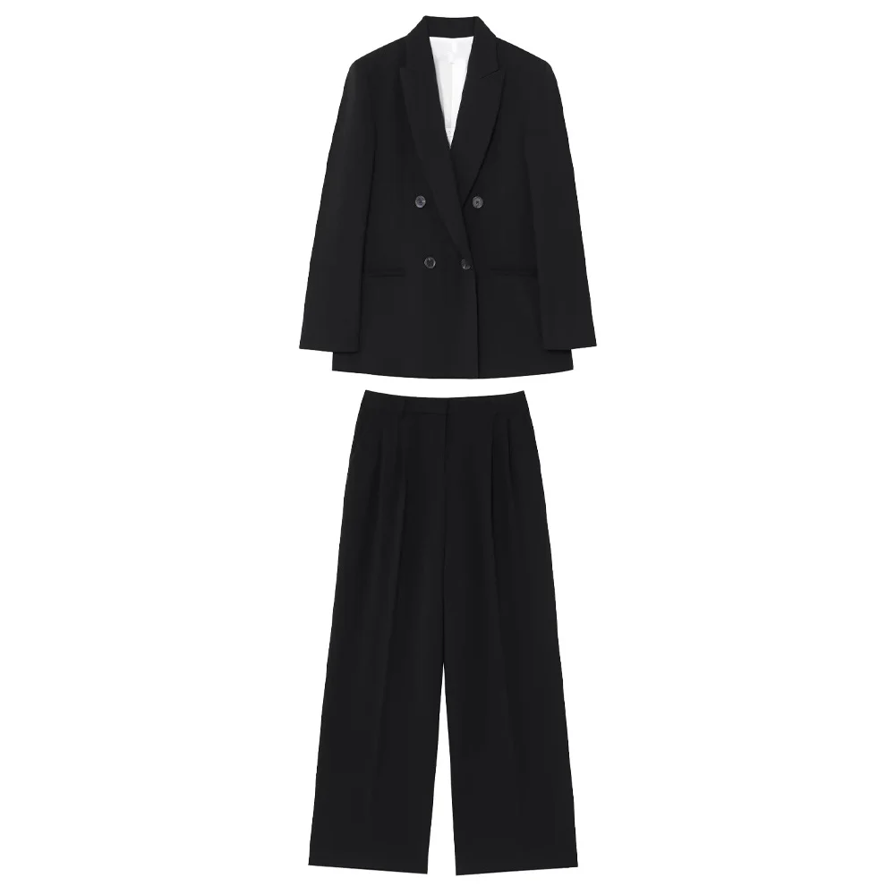 Women's clothing with shoulder pads double breasted long sleeved suit jacket spring and summer new high waisted pants