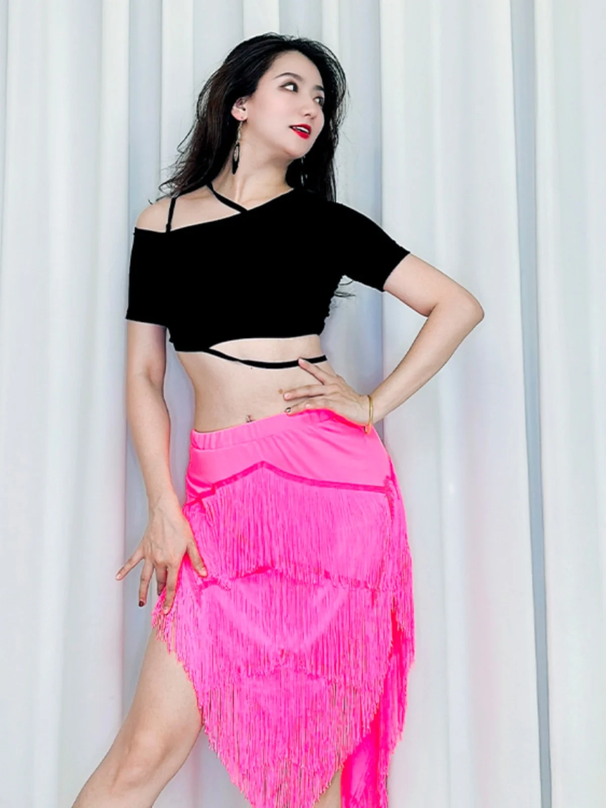 Costume d'entraînement de danse du ventre avec pompon rose Fluorescent, Sexy et polyvalent, tenue de spectacle sur scène, tissu Modal Fusion Sle pour femmes