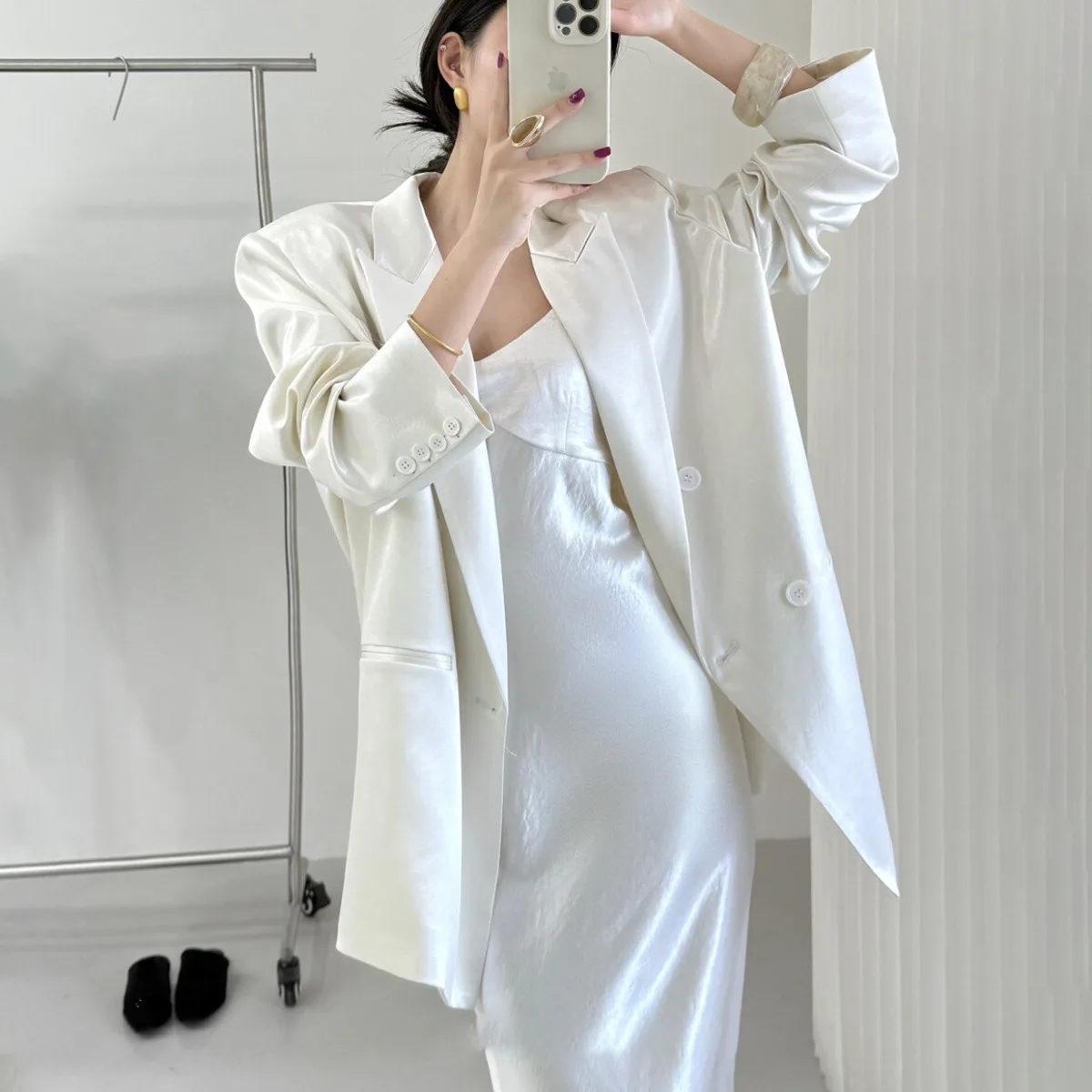 KWTX 2025 Setelan Blazer & Gaun Satin Mutiara Elegan Prancis Dua Potong-Pakaian Trendi, Pakaian Tamu Pernikahan Musim Gugur, Setelan Pesta Makan Malam