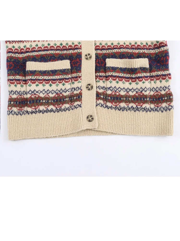 HH Frauen Mode Strickjacken drehen-unten Kragen Strickjacke Frauen Herbst Chic Einreiher Gedruckt Langarm Taschen Top