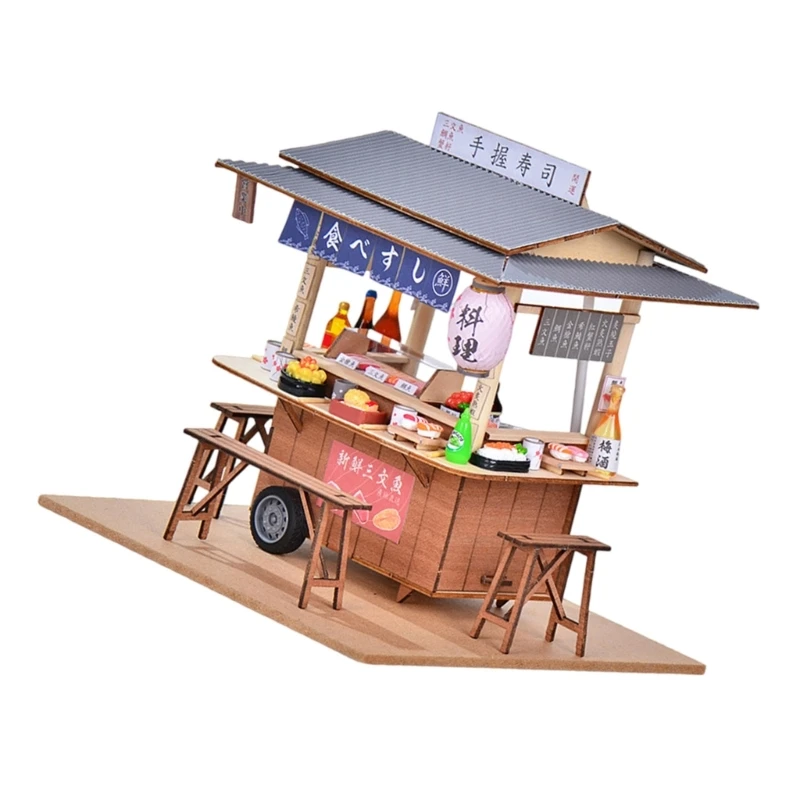 Q0KB Multipurpose Creative Sturdy Wood Materials Sushi Shop Building Set Portable for Model Collectors and Hobbyists Use