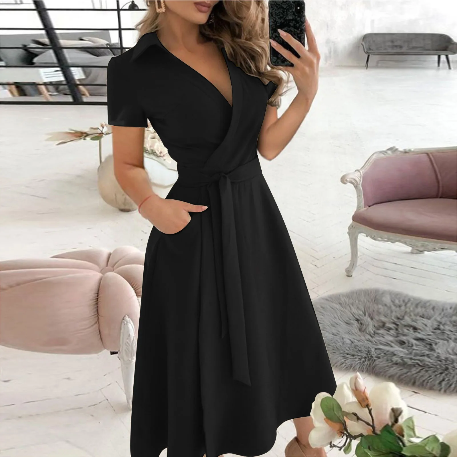 Women\'s Fashionable Solid Color V-neck Short Sleeved Lace Up Slim Fit Wrap Buttocks Dress Lapel Mid Length Elegant Dresses