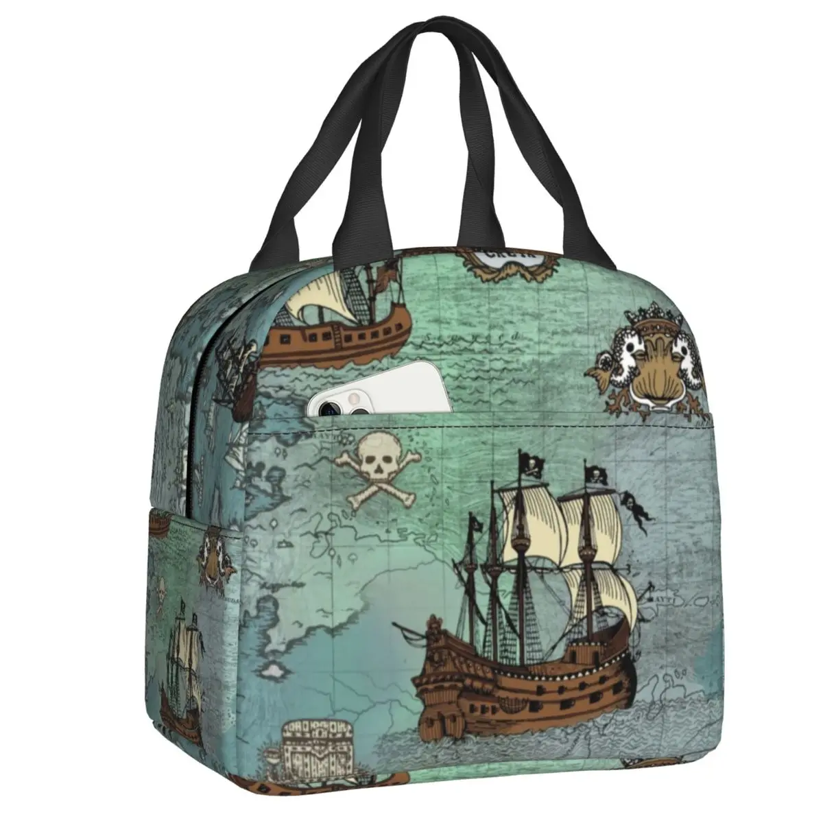 Custom Pirate Map Nautical Sea Print Insulated Lunch Bag for Women Leakproof Skull Sailor Cooler Thermal Lunch Tote Beach Travel