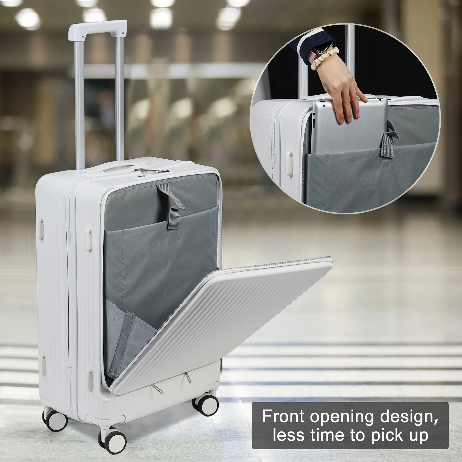 24 Inch Suitcase, Front Open Carry on Luggage, Built-in lock Carry on Suitcase, with Cup Holder & USB Type-C Charging Port