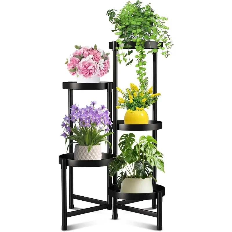 Metal Plant Stand Indoor Outdoor , 5 Tier Foldable Corner Tall Plant Shelf for Multiple Plants, Black Metal Tiered Plant Stand