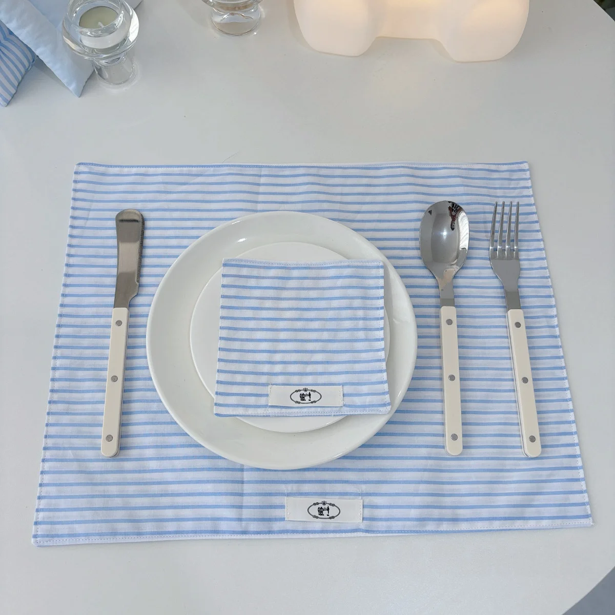 Korean Sle Striped Dining Mat Blue Striped Double Layer Ins Dustproof Tablecloth Photo Baund Pure Cotton Dining Towel