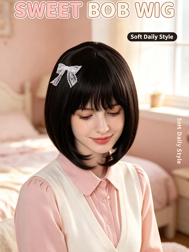 Synthetic 12 Inch Black Inward Curl Straight Bangs Short Bob Wig Halloween Cosplay Heat Resistant Fiber Hair Accessories