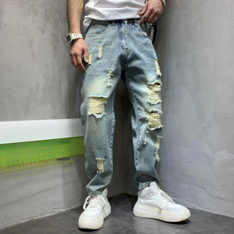 

Broken Torn Trousers with Holes Male Cowboy Pants Summer Ripped Men's Jeans Luxury Y2k Vintage 2025 Trend Cotton Kpop Soft Xs