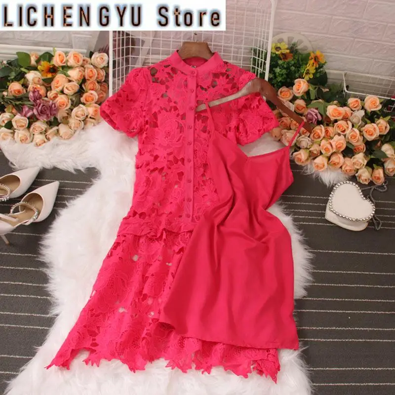 

New Sweet Style Women's Dress Hollow Out Embroidery Lace With Belt High Waist A-line Dresses Autumn Winter