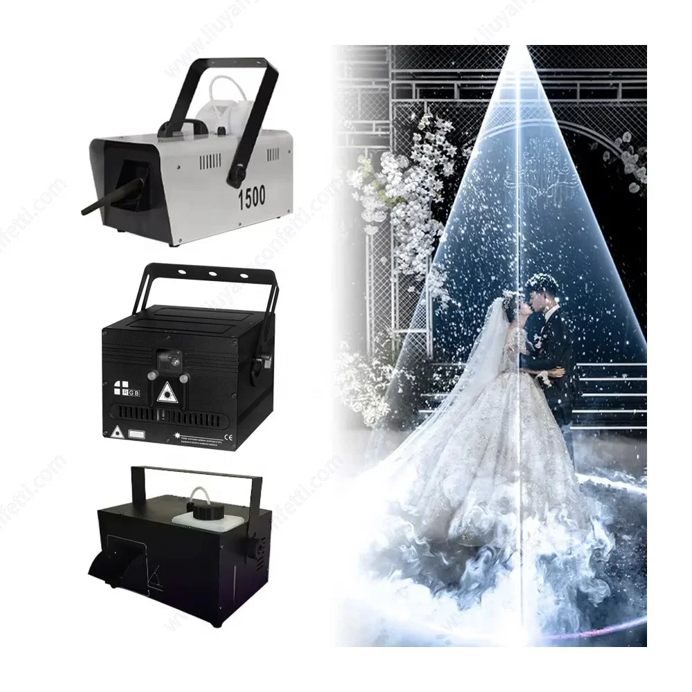 Wedding 1500W Snow Machine 10W RGB Animation Laser Show Light 1500W Haze Machine Combination Magic Rain Effect DJ Marriage Bride