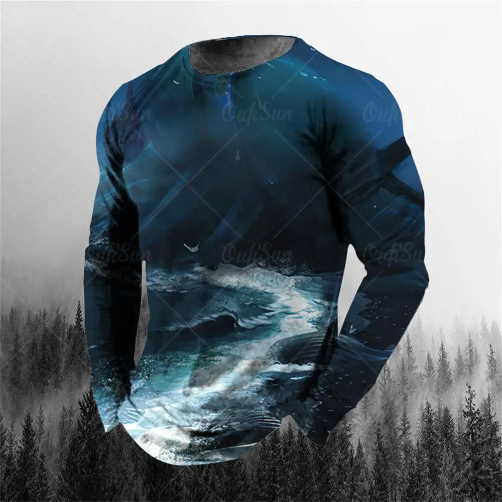 Men Nature Scenery Full Print Crew Neck Long Sleeve Casual Graphic T-shirt