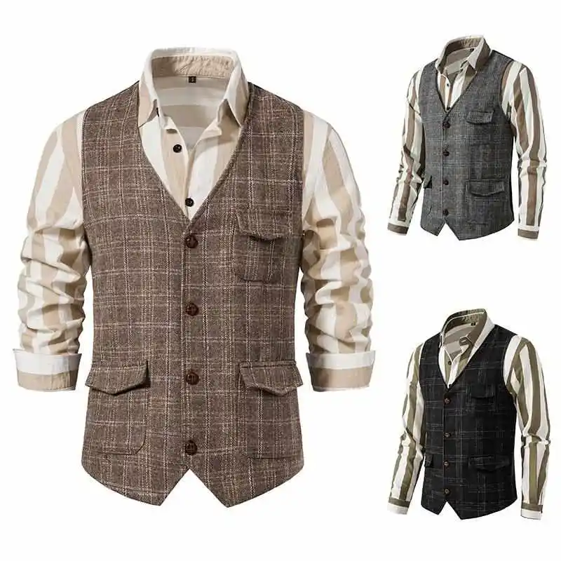 

Men's Plaid Single-Button Vest Jaet Busin Casual Sle Synthetic Leather Fabric Cotton Four Seasons Wear