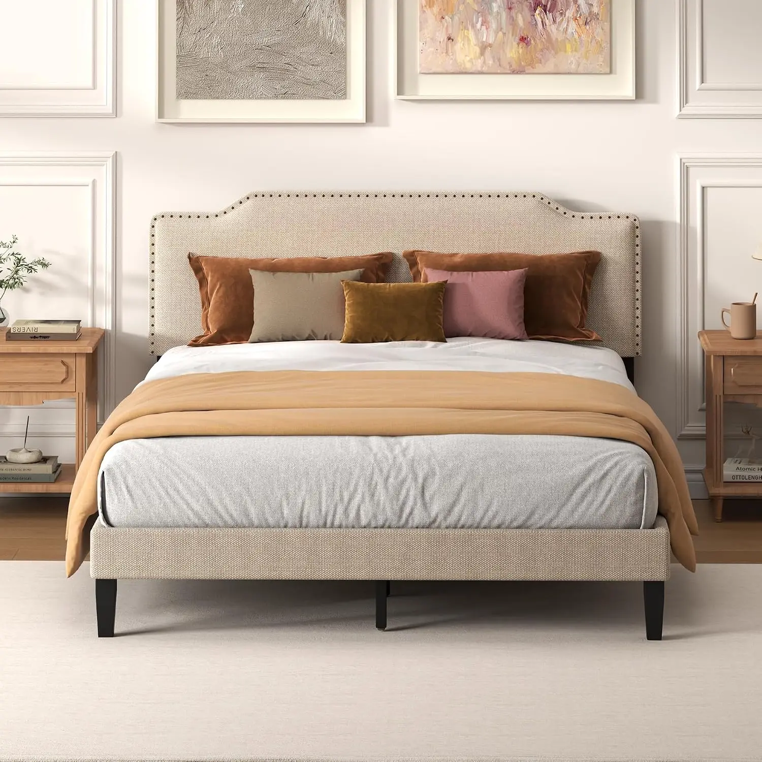 King Bed Frame Upholstered Adjustable Headboard Wood Platform Studded Linen Slats No Box Spring Beige, Customized