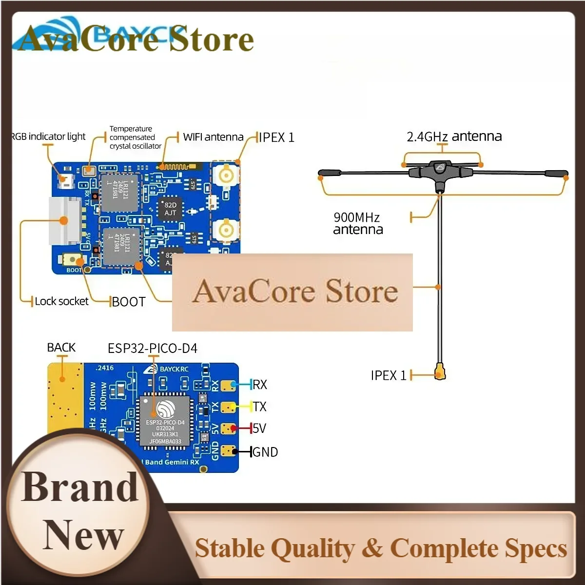 AvaCoreBAYCK ELRS Gemini Dual Band Receiver 900MHz 2.4GHz 915MHz TCXO Long Range For FPV Racing Drone Fixed Wing RC Parts
