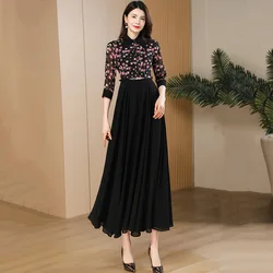 New Women Spring Summer Floral Chiffon Dress Fashion Shirt Collar Print Patchwork Slim Long Dress Elegant Flowing Mid-Calf Dress