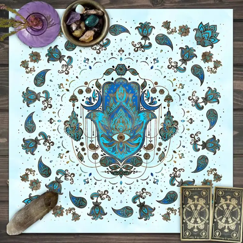 VIKAMA Witchcraft Tarot Table Cloth Hamsa Hand Evil Eye Mandala Lotus Pattern Square Altar Cloth For Spiritual Ritual Decor