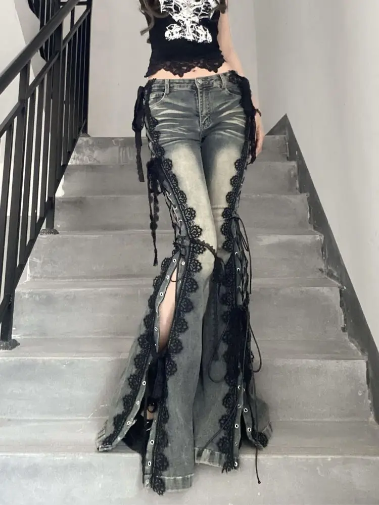 Vintage Eyelets Lace Up Flare Jeans Stitch Lace Whiskers Slim Low Rise Split Bootcut Pants Women Bell Bottoms Streetwear 2025