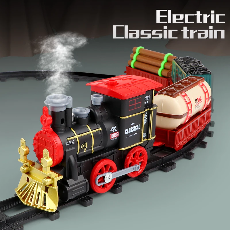 

Classic Steam Train Track Set Electric Spraying Smoke Locomotive with LED Lights Musical Railway Tracks Kids Christmas Gift Toy