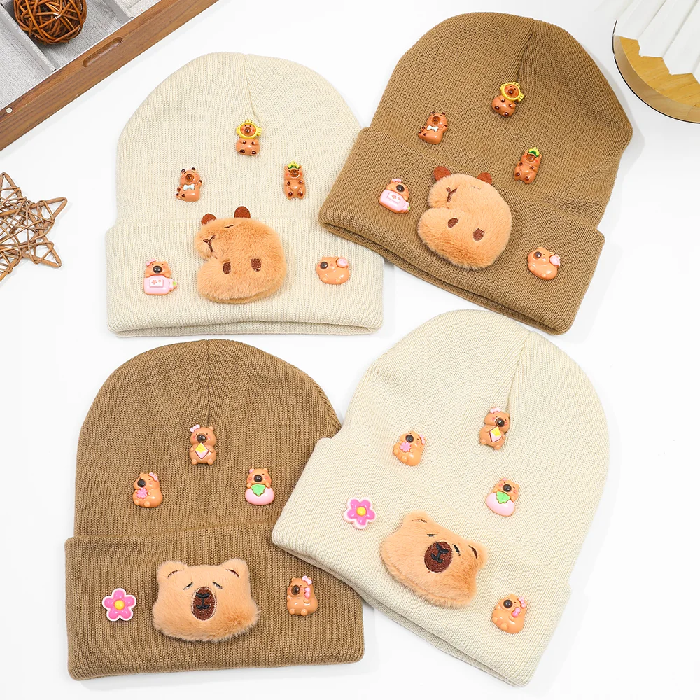 1PC Bear Cap + Capybara Flower Charm - Cute Soft Warm Autumn Winter Gift