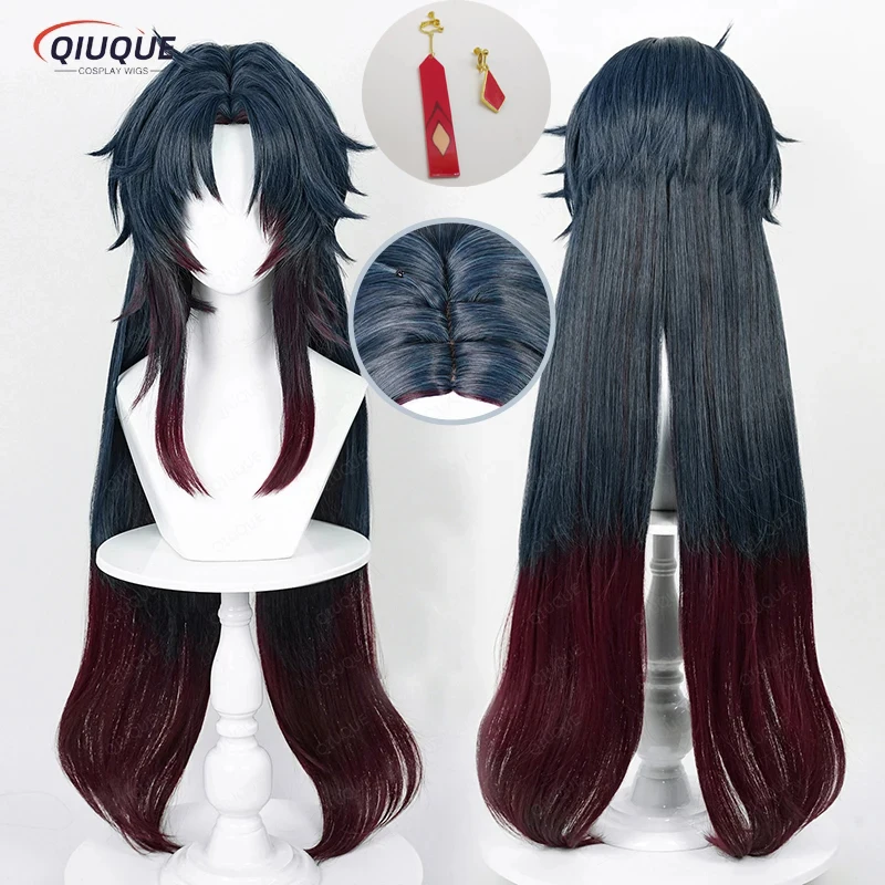 Honkai-Perruque de Cosplay Synthétique avec Bonnet, Cheveux Longs, Bleu Foncé, Dégradé Rouge Foncé, Degré de Chaleur