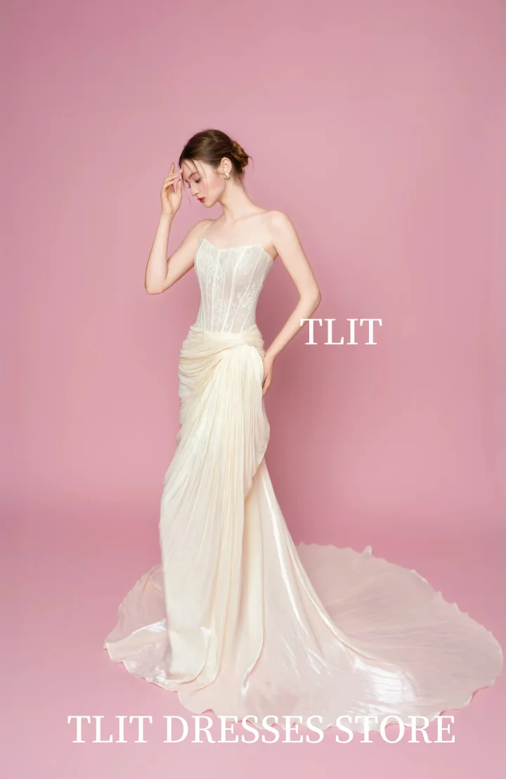 TLIT เรียบหรูสีงาช้างผ้าไหมออร์แกนซ่างานแต่งงานชุดเกาหลีถ่ายภาพเดรปชุดเจ้าสาวที่ไม่มีสายหนังที่กำหนดเองอย่างเป็นทางการผู้หญิง