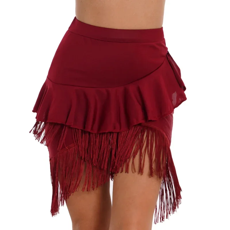 2024 Womens Latin Dance Skirt Shirring/Tassel/Ruffle Elastic Waistband Skirts For Samba Tango -Cha Ballroom Dancing Cl CMM221