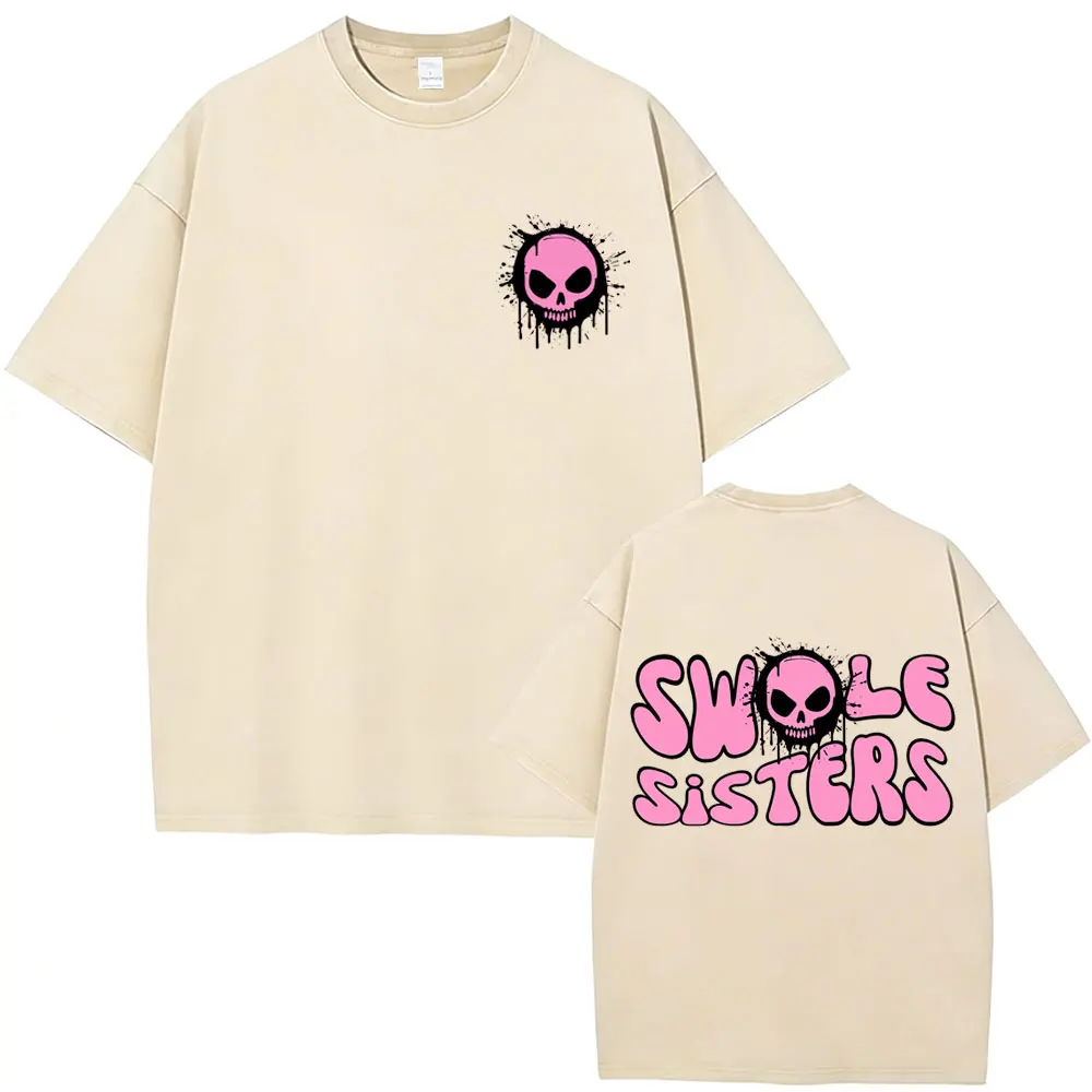

Washed Vintage Swole Sisters Skeleton Graphic Printed T Shirt Men Women Gym Fitness T-Shirts Oversized Short Sleeve Streetwear