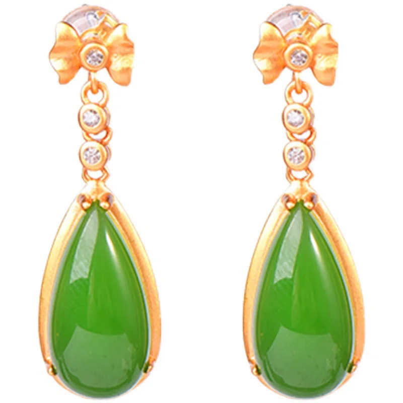 Classic Ancient gold craft inlaid bowknot crystal natural Hotan jasper earings for women new in long creative Eardrop jewelry 6