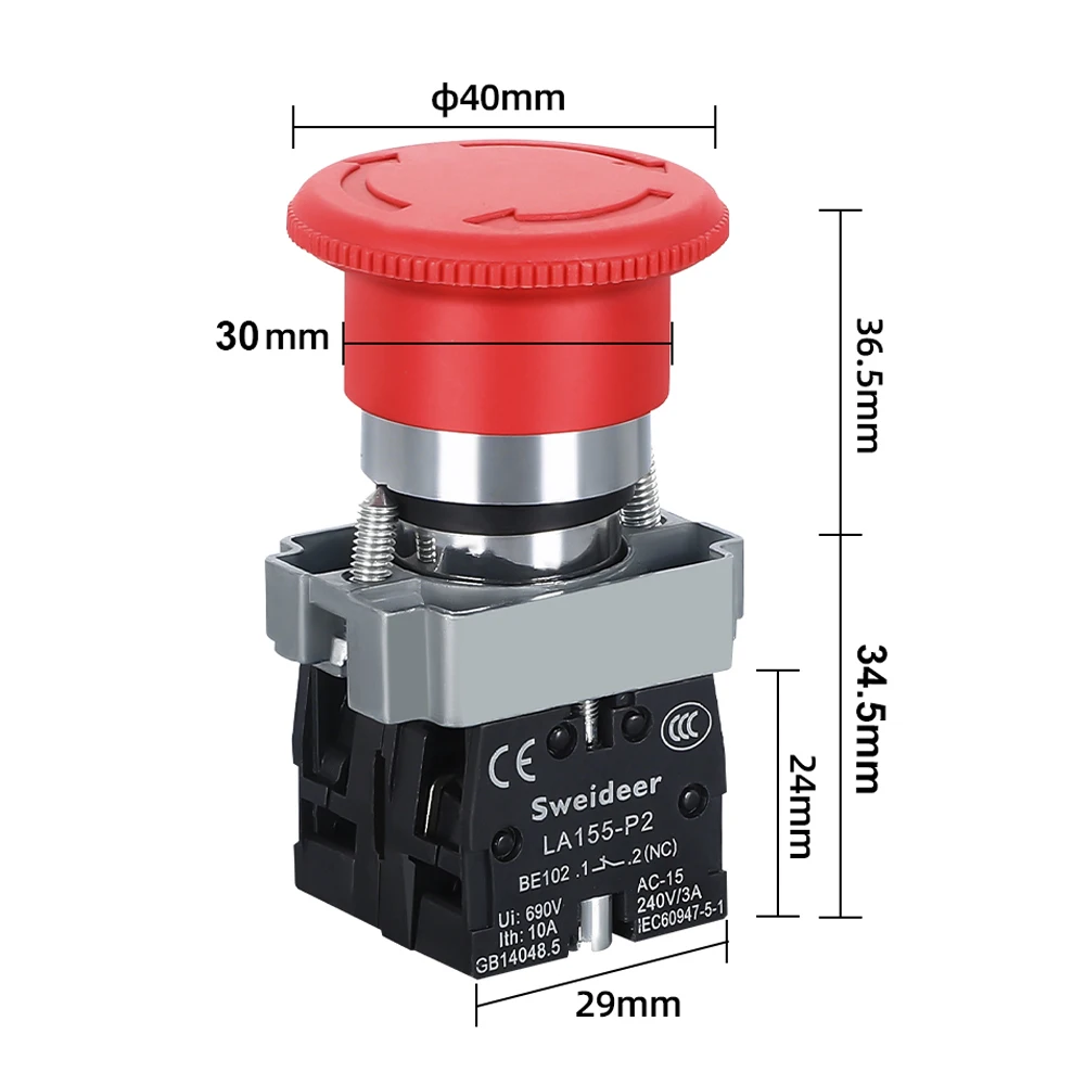 Interruptor de botón de parada de emergencia, XB2-BS542 de bloqueo giratorio, 220V, BS442, BS642, BS142, 10A, llave de arranque para panel