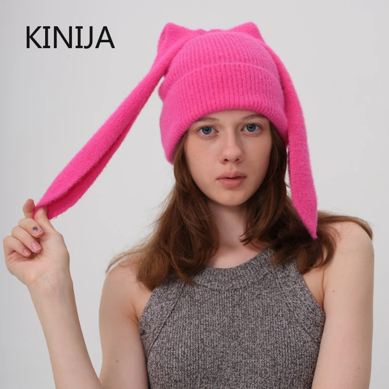 Hot Winter Bunny Hats for Women Long Ear Beanie Hat Crochet Knitted Hat Rabbit Ears Hats for Women Warm Hats Pullover Cap
