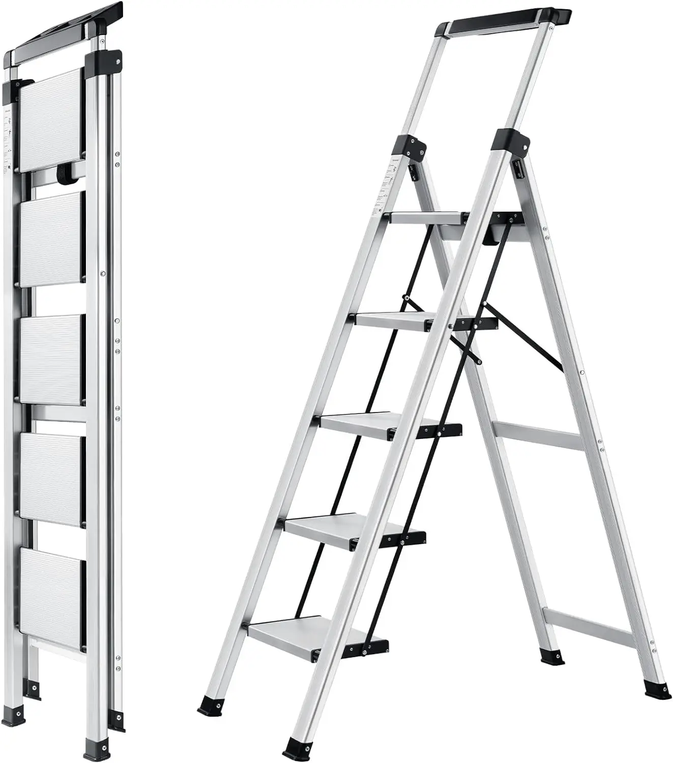 5 Step Ladder, Retractable Handgrip Folding Step Stool with Anti-Slip Wide Pedal, Aluminum Stool Ladders 5 Steps, 330lbs Safety