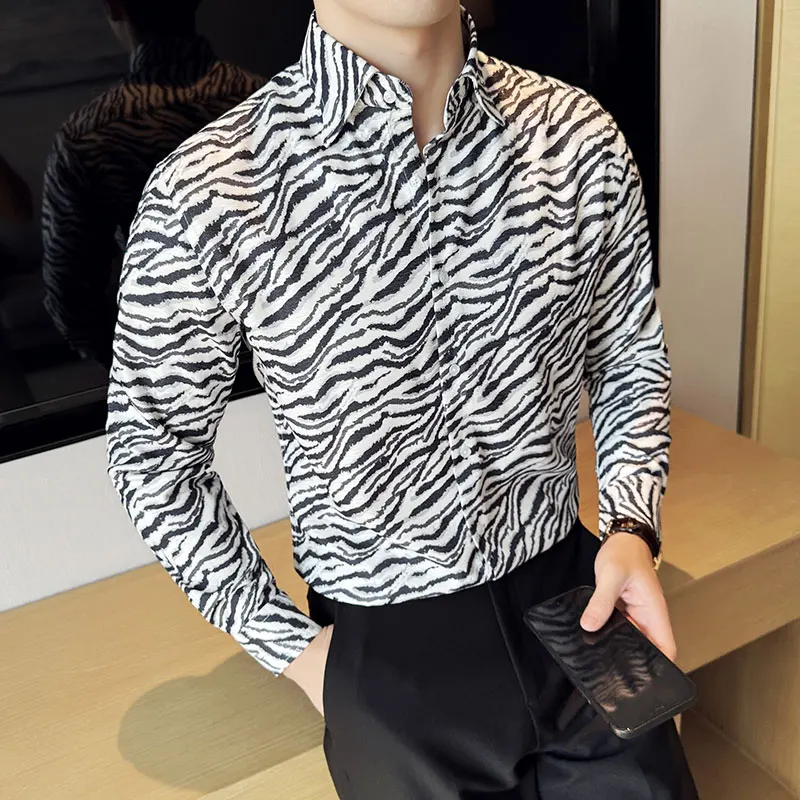 Men Leopard Print Shirt 2024 Spring British Style Anti-wrinkle High-End Soft Solid Casual Elastic Slim Fit Long Sleeved Shirt