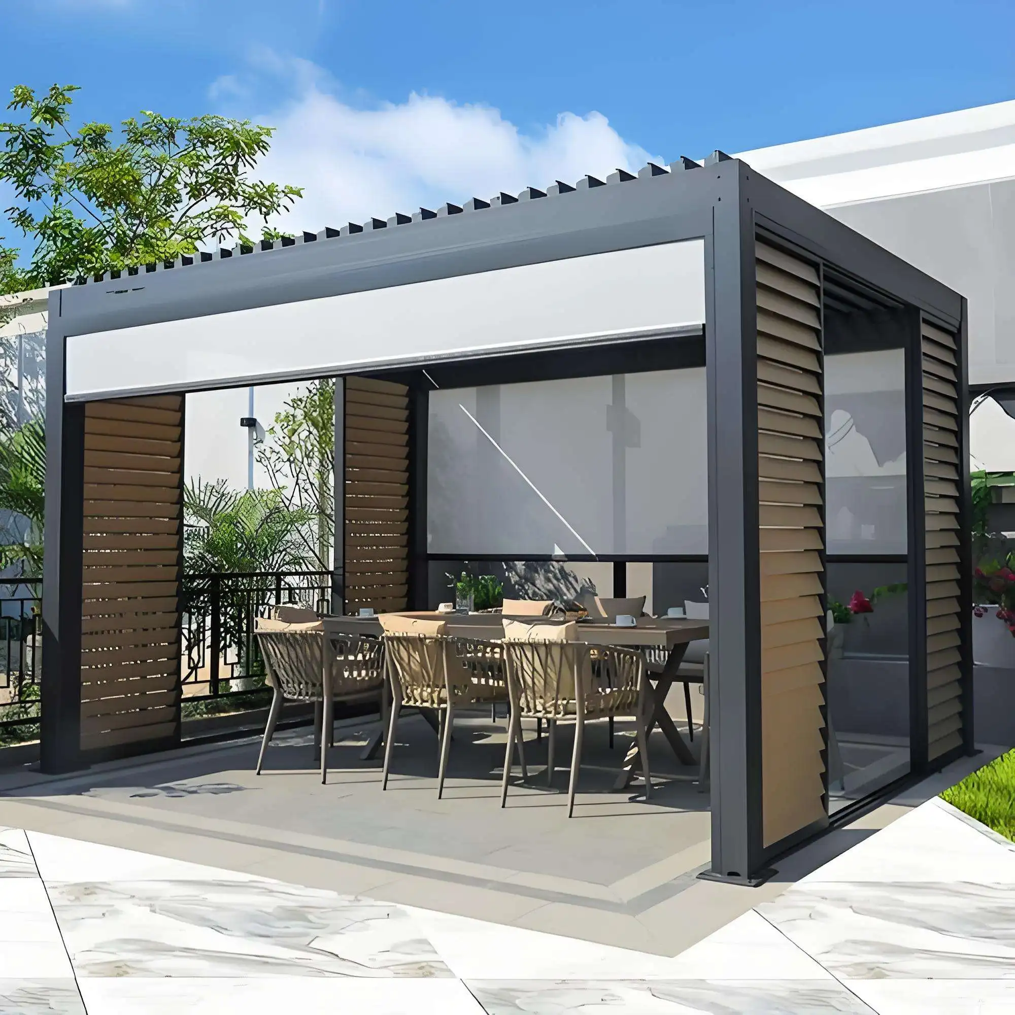 Power Driven Aluminum Pergola Motorized Louvered Waterproof Roof Outdoor Gazebo For Patio Garden Backyard Carport Customized