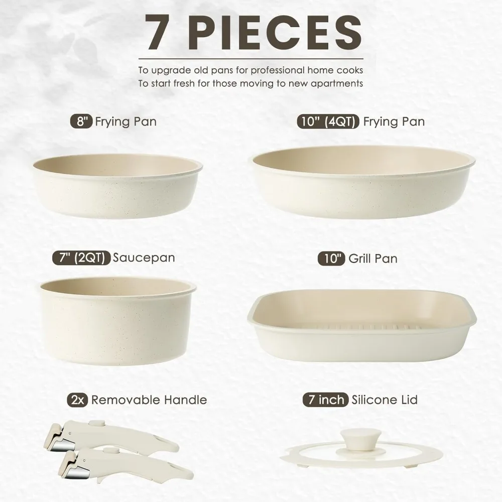 

Pots and Pans Set Non Stick: 7 Pack Ceramic Cookware Set with Detachable Handle, Healthy Non Toxic Kitchen Cooking Pots