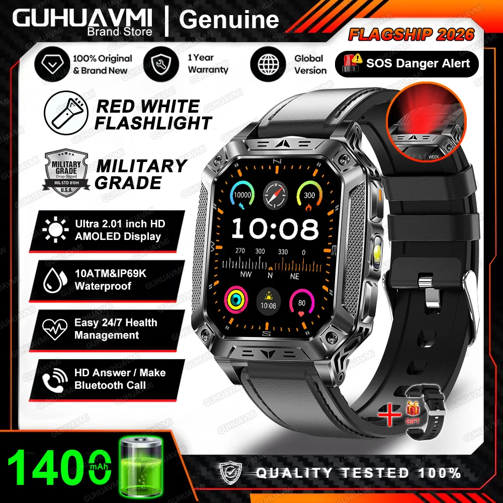 2026 Nieuwe Ingebouwde 1400mAh Supergrote Batterij Heren Smartwatch Outdoor GPS 2.01" AMOLED Scherm 10ATM Waterdicht BT Oproep Smartwatch