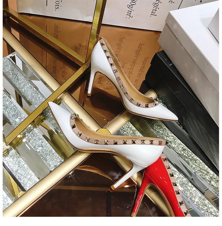 2026 Popular Pointed Toe Patent Leather Rivet Stud High Heels Shoes Banquet Party WeddingShoes Nightclub High Heels Women Shoes
