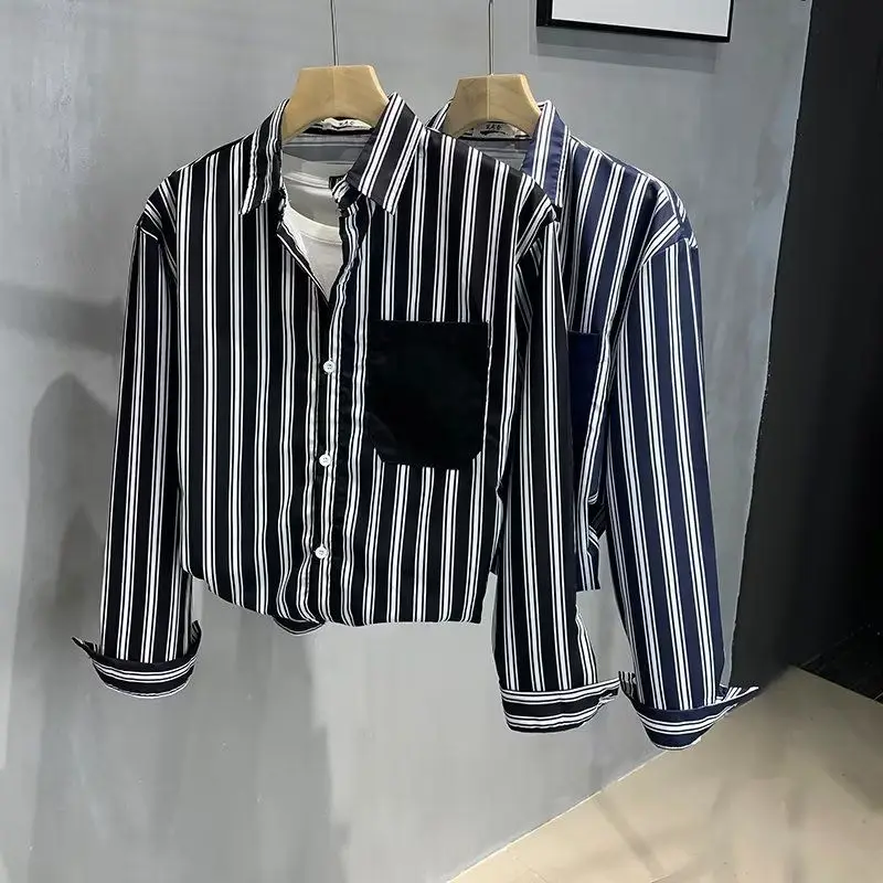 Fashion Color-blocking Striped Men New Splicing Square Collar Button Pockets Loose and Versatile Casual Long-sleeved Shirts