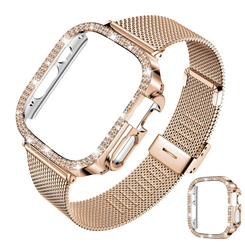 Diamond Case+Strap for Apple Watch Ultra Band 49mm 45mm 44mm 40mm 41mm 38 42mm Metal Bracelet for IWatch Series 9 8 7 6 SE 5 4 3