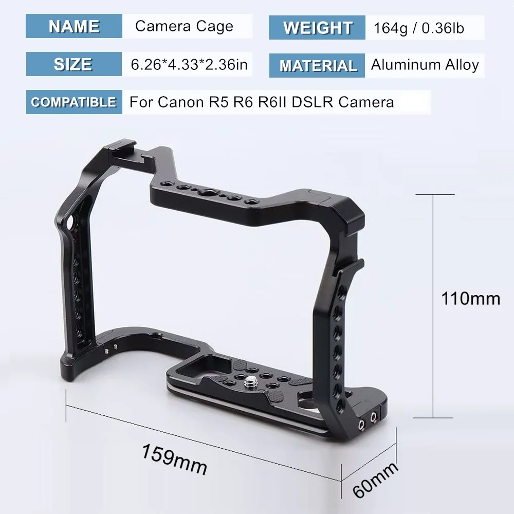 Professional Camera Cage for Canon EOS R5 R6 MARK II Camera, Aluminium Alloy Frame w NATO Rail QR Plate Cold Shoe Mount Hole
